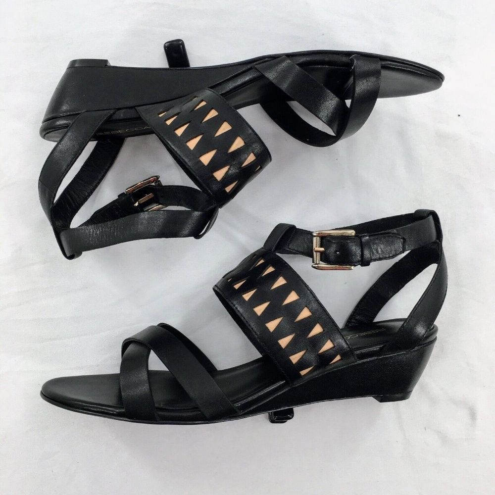 Rebecca Minkoff Sandals Black Tan Leather Gladiator Strappy Wedge Sz 7 - Picture 3 of 8
